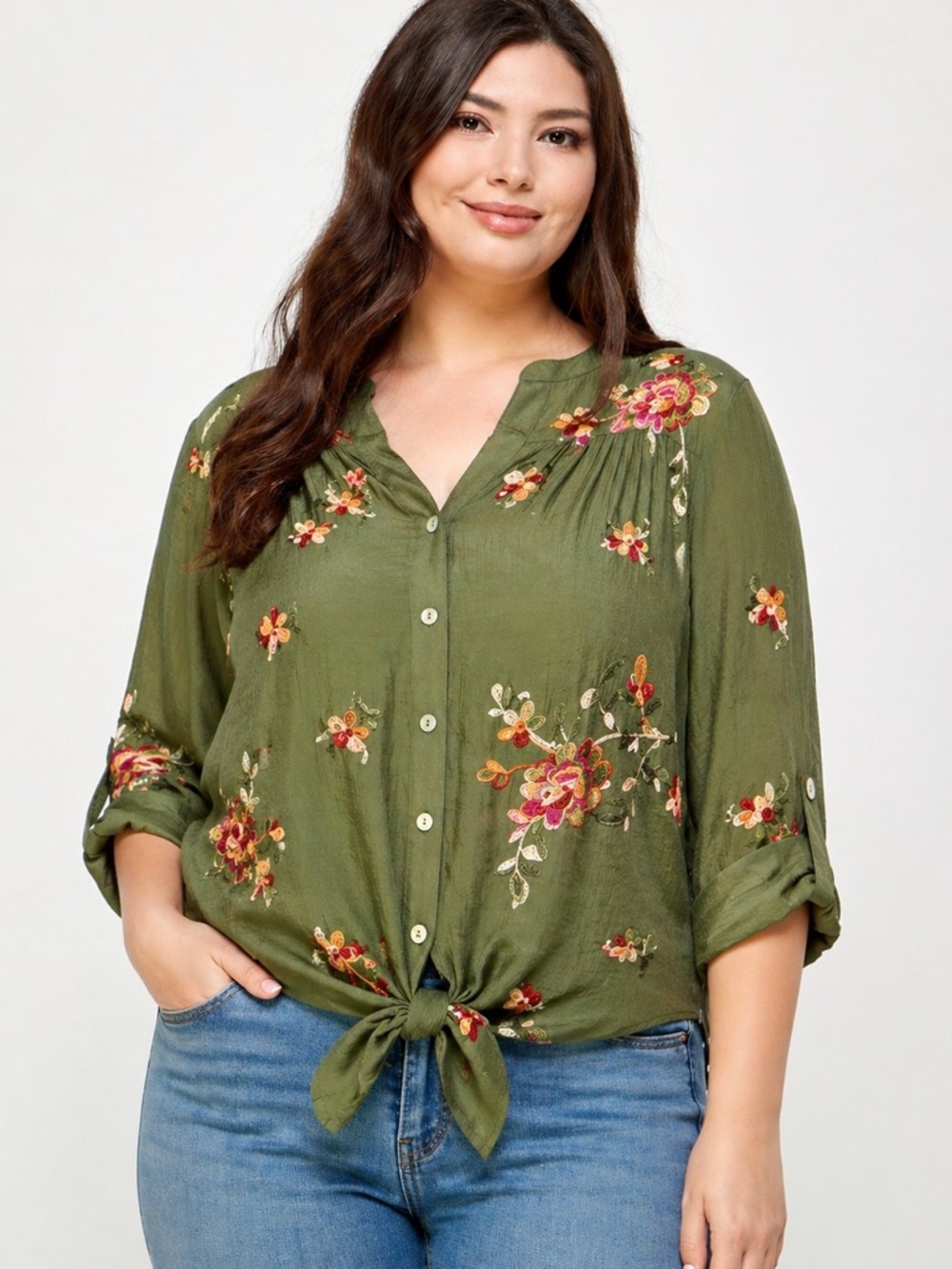 Fig & Flower Olive Green Embroidered Floral Tie Front Blouse Size 3X Boho